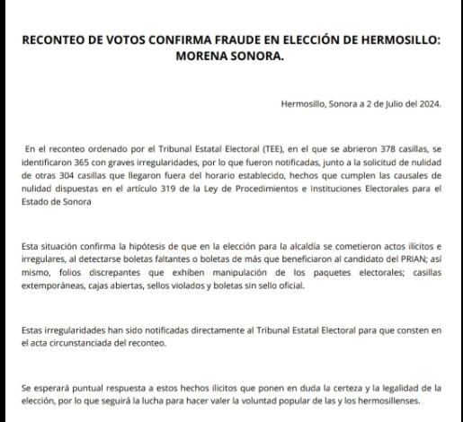 Denuncia Morena Sonora Fraude Electoral en Hermosillo tras Reconteo de Votos