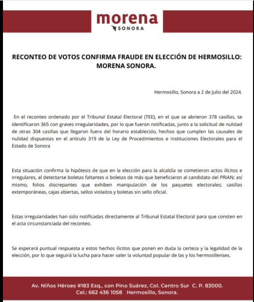 Denuncia Morena Sonora Fraude Electoral en Hermosillo tras Reconteo de Votos