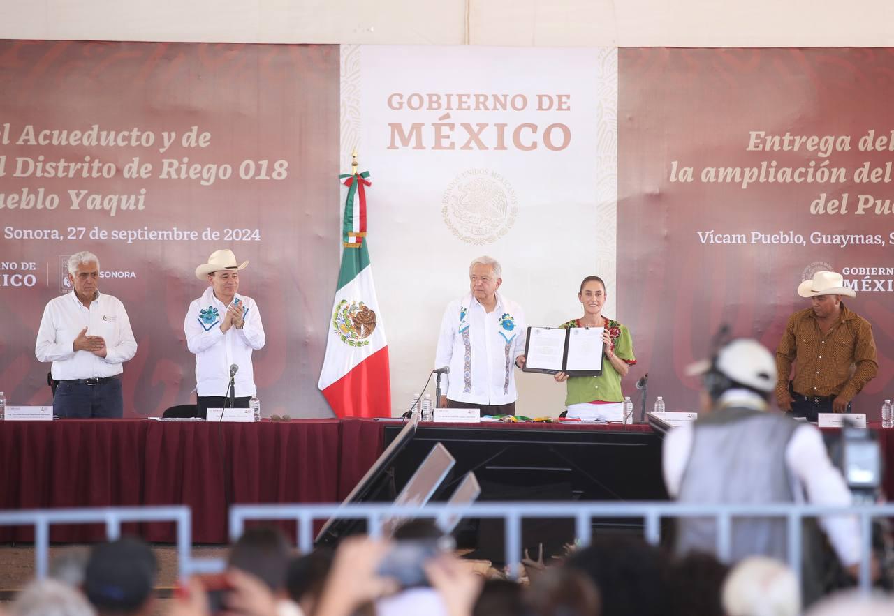 Reciben distrito de riego y acueducto, yaquis reconocen al presidente y al gobernador