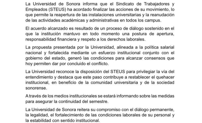Concluye Huelga del STEUS en la Unison