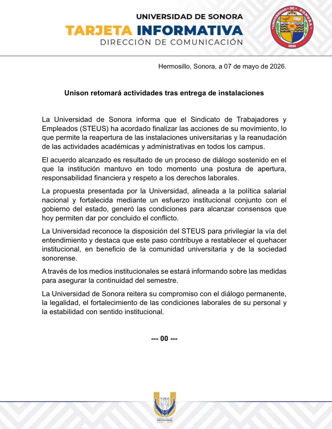 Concluye Huelga del STEUS en la Unison