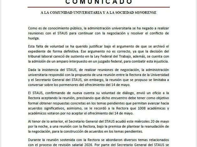 STAUS y Rectoría de la UNISON retoman diálogo tras presión sindical y amparo federal