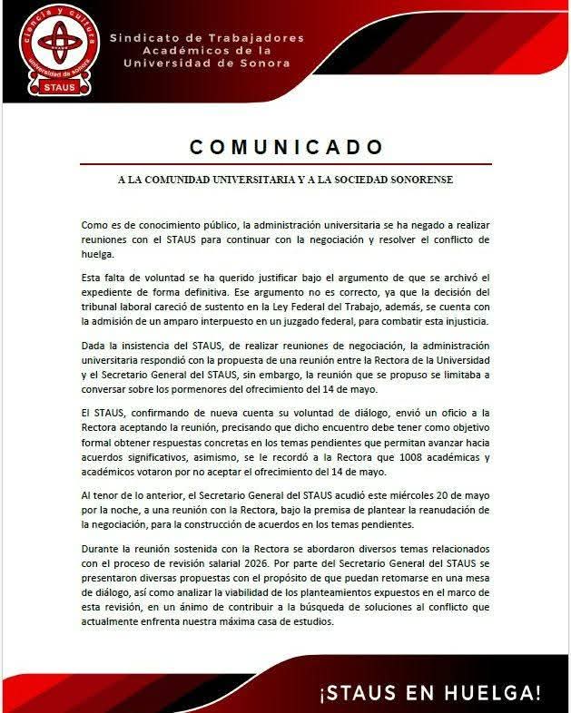 STAUS y Rectoría de la UNISON retoman diálogo tras presión sindical y amparo federal