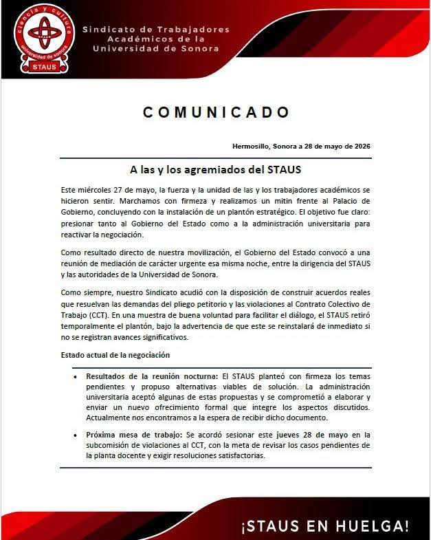 STAUS retira temporalmente plantón tras reunión urgente con autoridades de la Unison